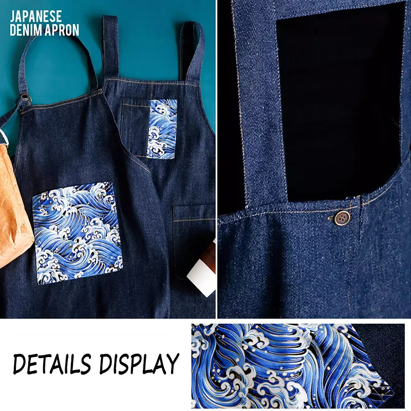 Celemek dapur katun gaya Jepang, celemek dapur Denim dengan saku tahan aus, pakaian kerja dapur katering, celemek memasak memanggang Barista