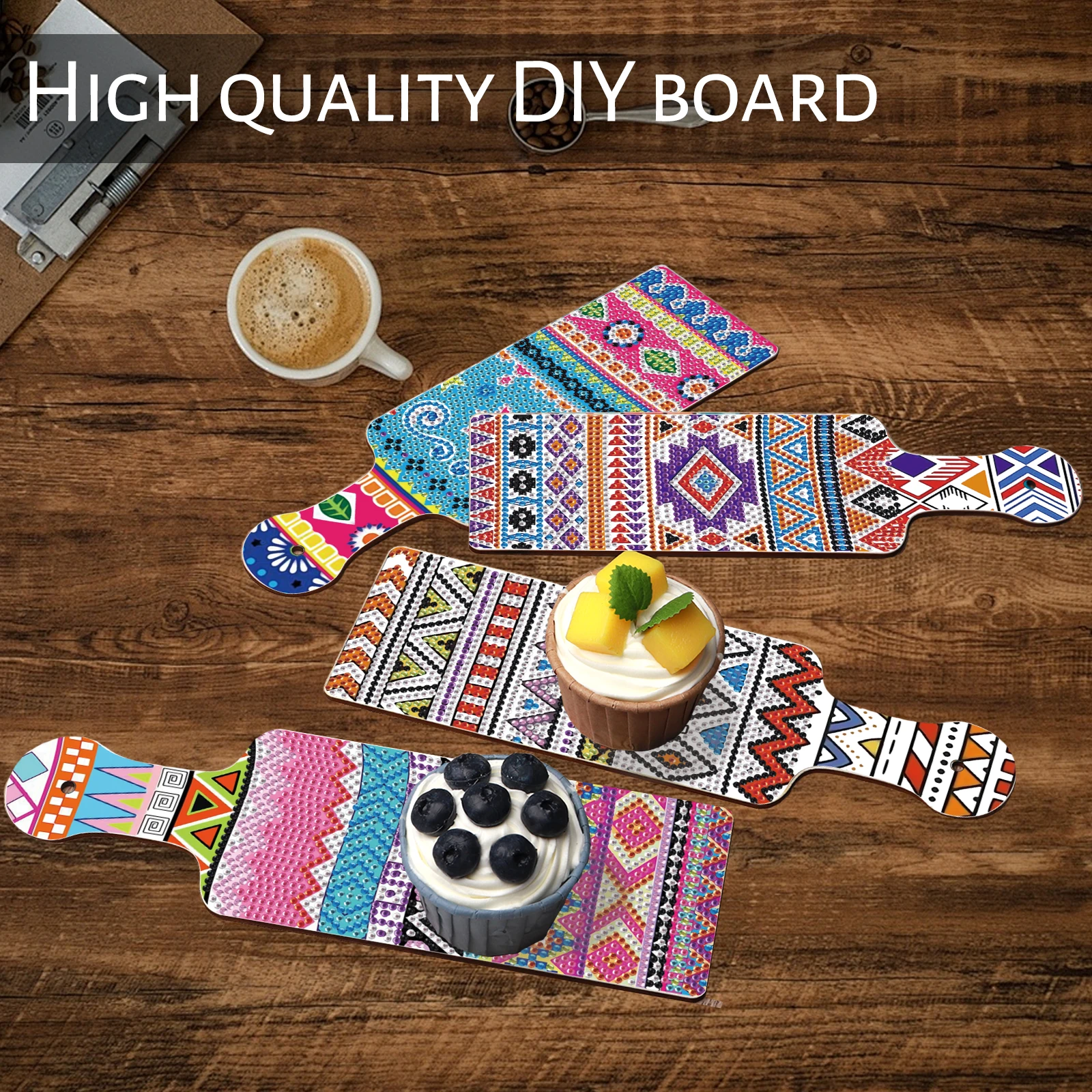 4 حزمة DIY بوهيميا الماس الفن اللوحة لوحات صغيرة مع مجموعات مقبض ، الماس الفن المطبخ الخبز الفاكهة تقطيع لوحات هدية المنزل