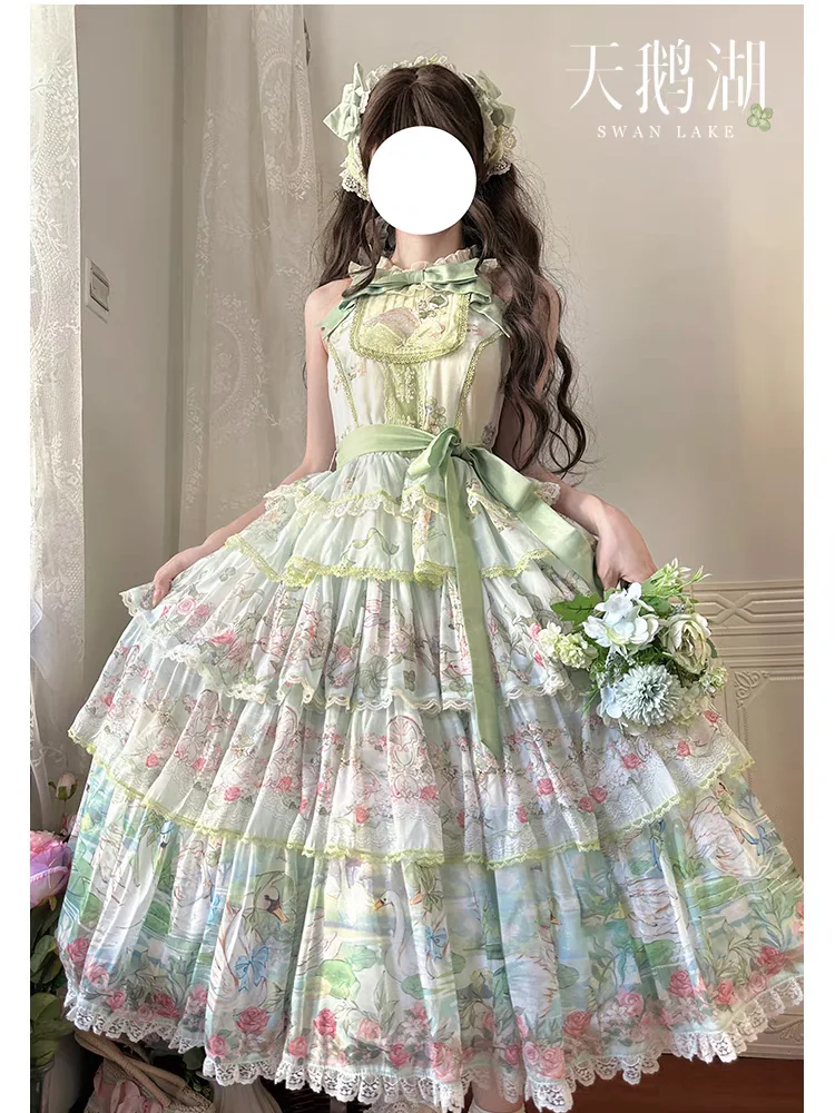 2026 New Japanese Korean Kawaii Lolita Style Jsk Dress Women Cute Flower Print Lace Ruffle Bow Long Sweet Princess Party Dresses