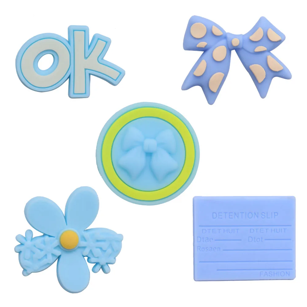 Mix 50PCS PVC Shoe Charms Blue Flower Bow Detention Slip OK Garden Shoes Button Accessories Sandals Hole Slipper Decoration