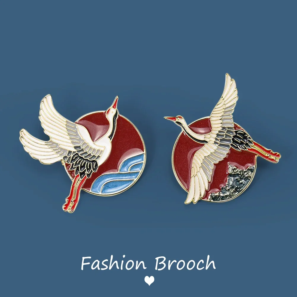 Chinese Style Zinc Alloy Scenery Crane Brooch Cheongsam Accessories Female Corsage Lapel Enamel DIY Apparel Accessories