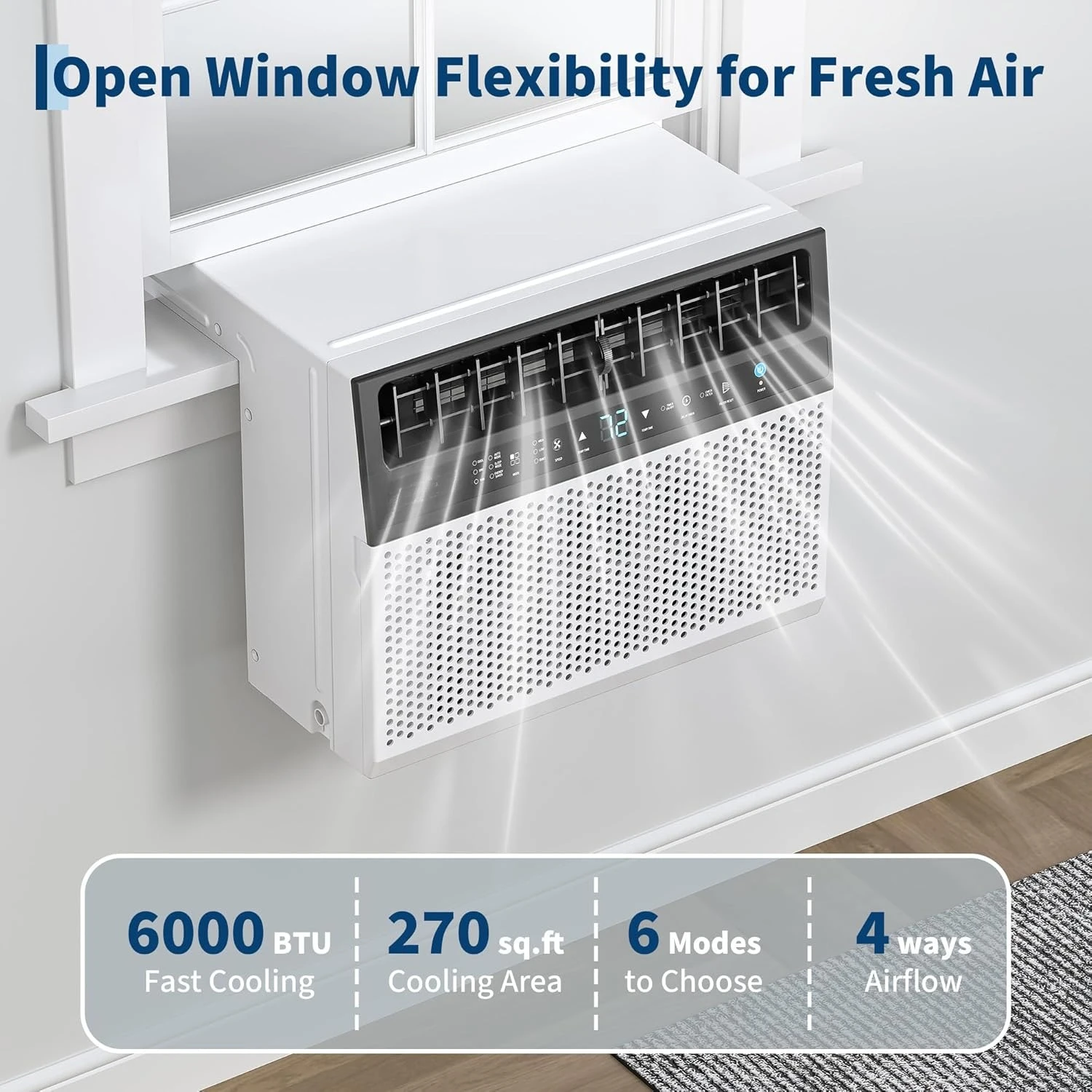 U Shaped Window Air Conditioner 6000 BTU Ultra Quiet Cools 269 Sq Ft Energy Efficient with Remote Control White