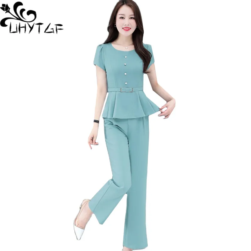 

UHYTGF 2022 Chiffon Sets Summer Two-Piece Sets Women's Short-Sleeve Trousers Casual Tracksuit Elegant Female Loose Size Suit 28