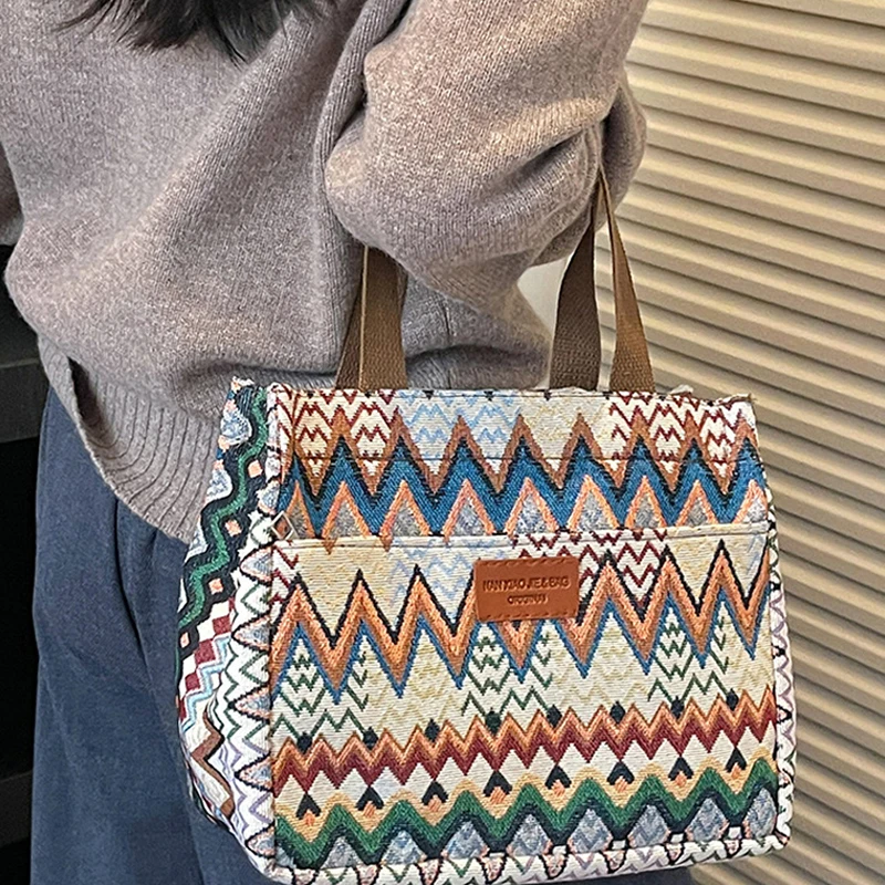Bohemian Ethno-Stil Geometrischer Druck Canvas-Tragetasche, Bunte Zickzack-Muster Handtasche für Damen, Große Kapazität Pendler-Schultertasche – Detail 7