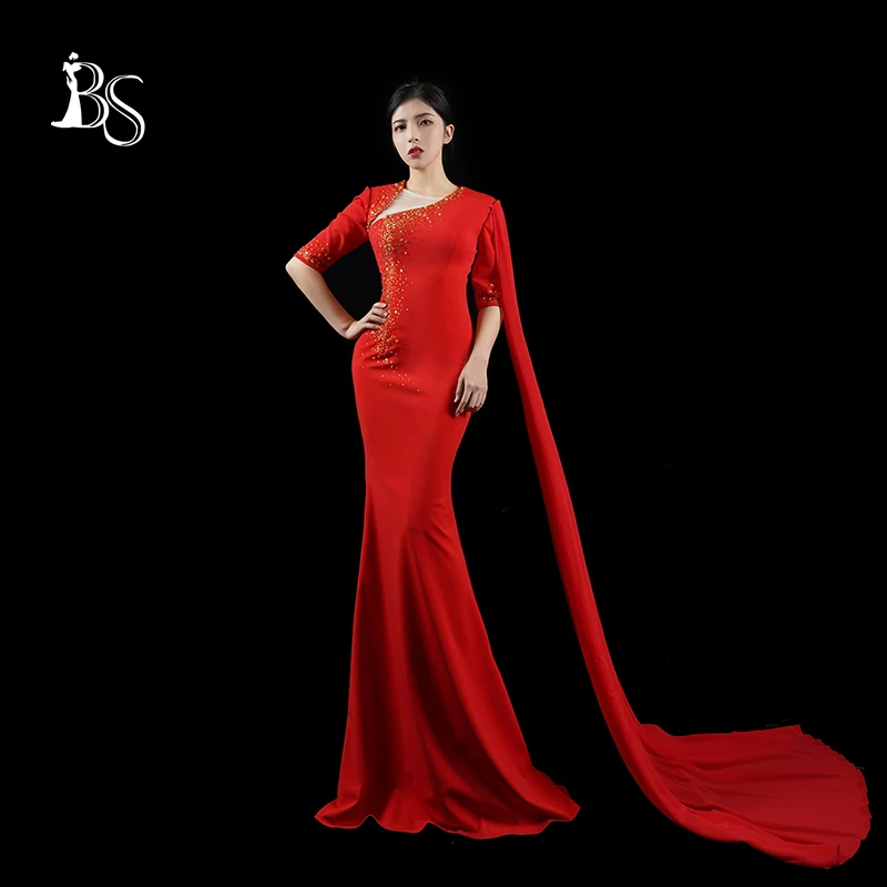 

Baisha Custom Evening Dress Luxury Long Mermaid Gown Short Sleeve With Ribbon Ceremony Host Costumes For Formal Occasions H1675