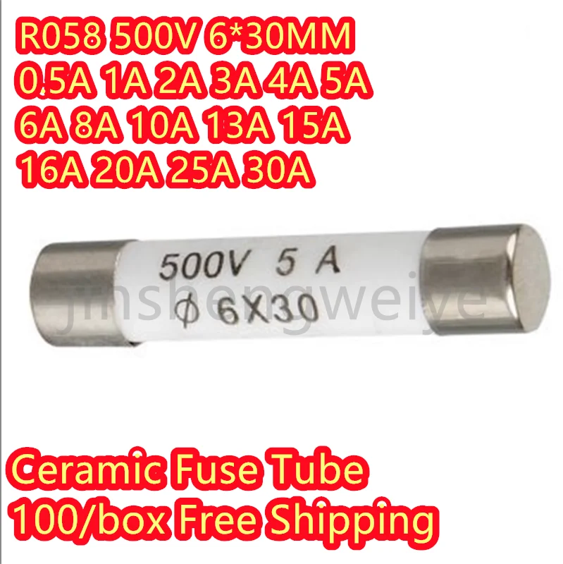 100~1000PCS Free Shipping RO58 R058 Fuse 6*30mm 6x60mm Ceramic Fuse Tube 500V 0.5A 1A 2A 3A 4A 5A 6A 8A 10A 13A 15A BS1362 Fuse