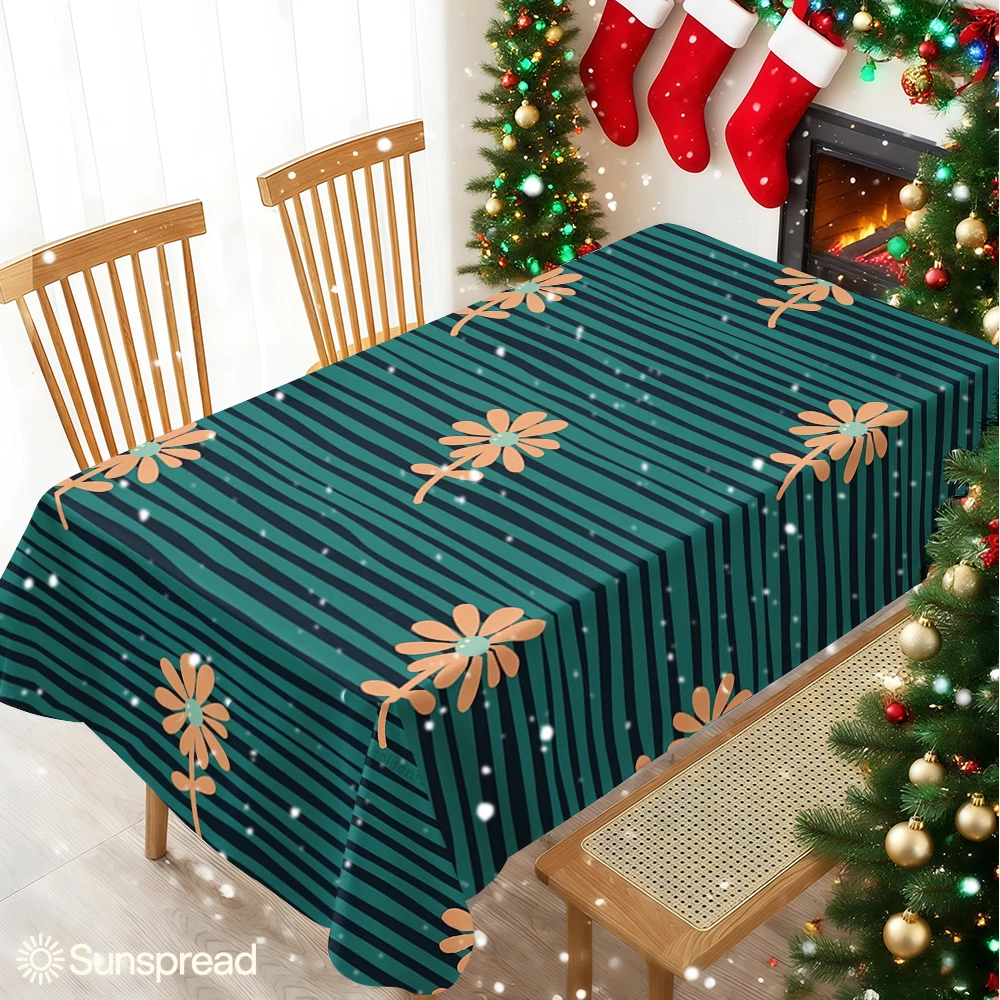Teal Stripe & Orange Daisy Tischdecke, wasserdichte Tischdecke, auslaufsichere Tischdecke, abwischbare Tischdecke für Esszimmer und Camping