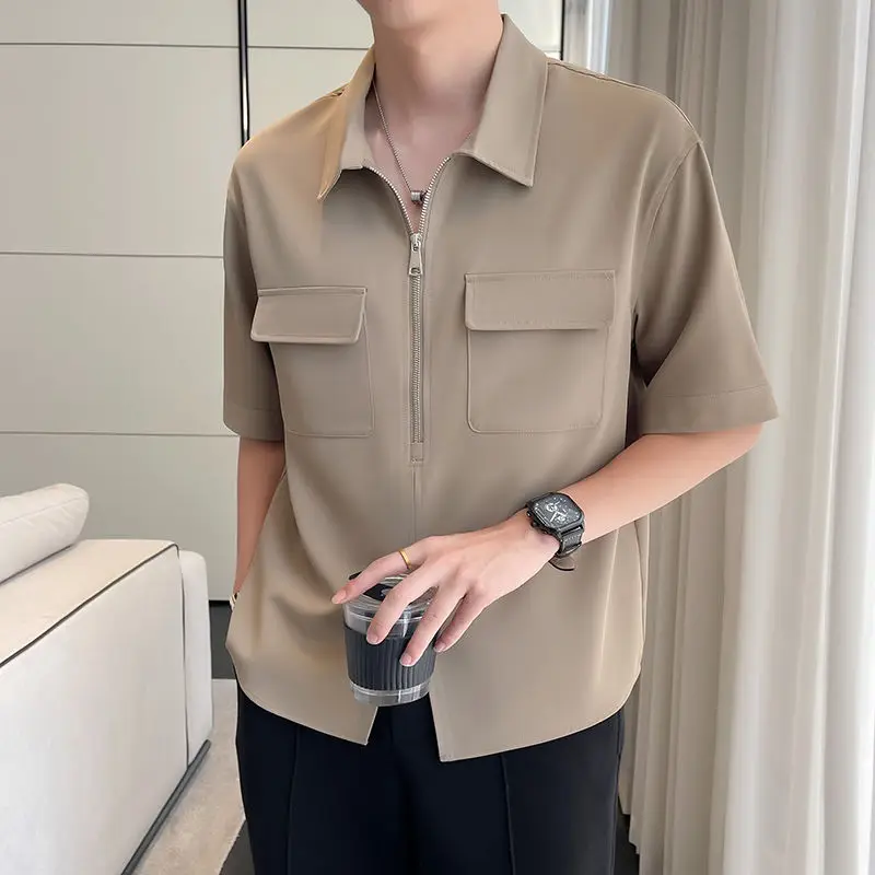 ChimBrand-Polo à manches courtes à col rabattu pour hommes, chemise de loisirs, design à glissière polyvalent, mode estivale, 2024
