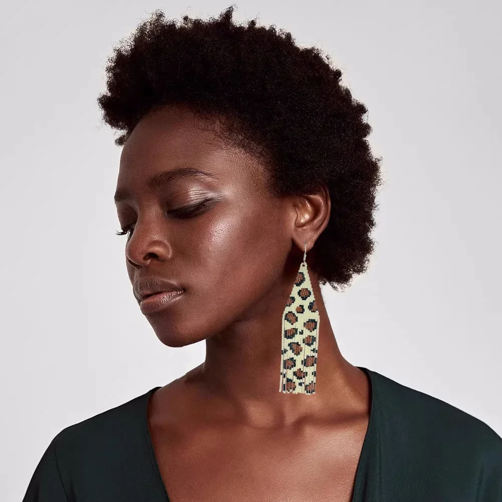 

Bohemia Alloy Rice Bead Earrings with Tassel Leopard Print Design Hand Knitting Simple Versatile Fashion Accessory