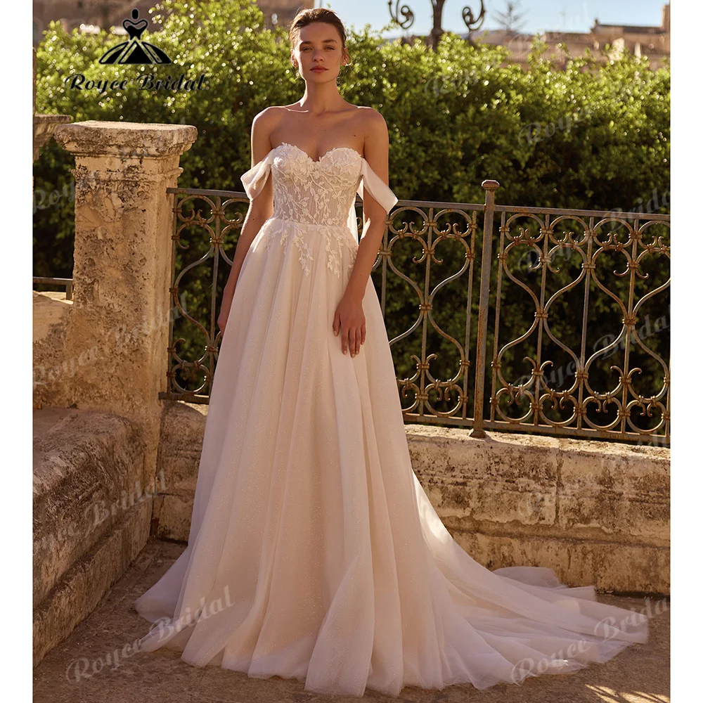 Sweetheart Strapless A Line Wedding Dress Off The Shoulder Flutter Sleeves Vine Lace Applique Corset Bodice Bridal Gown Custom