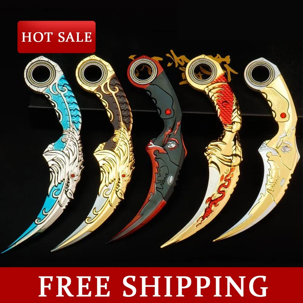 16cm Dragon Karambit Rotatable Alloy Craft Model Dark Moon Double Thorns Claw Knife Golden Dragon Weapon Training Knives Toy Boy