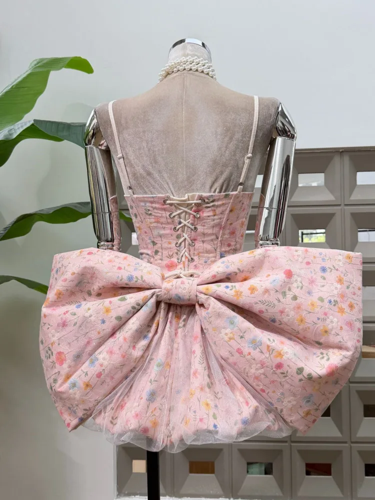 여성용 봄 여름 플로럴 프린트 캐미 드레스 튤 스커트 스윗 캐주얼 파티웨어 2025 트렌디 여성 패션 의상 드레스