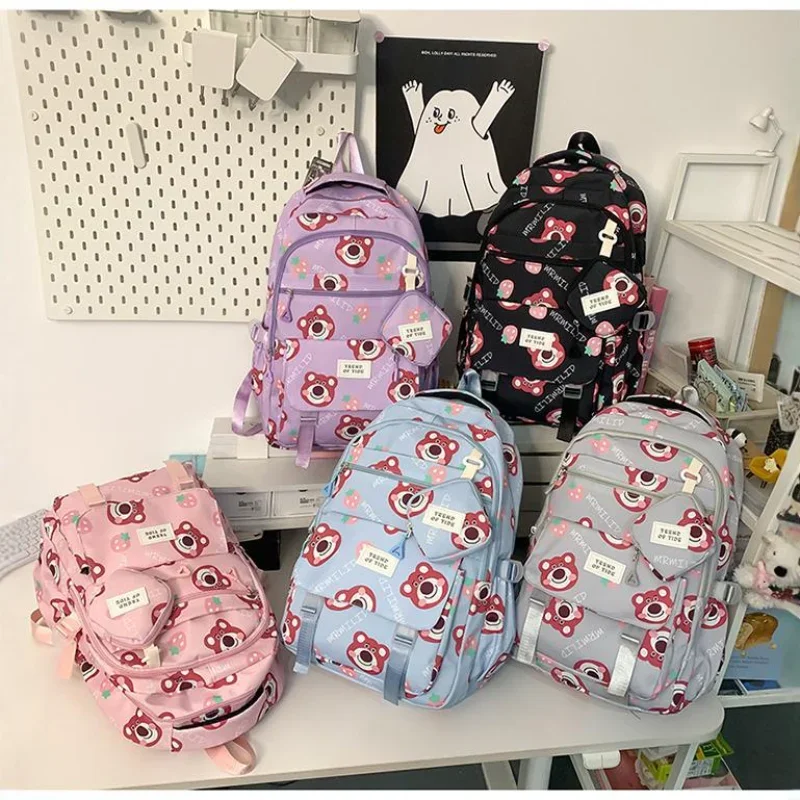 Disney morango urso bonito doce estudante mochila dos desenhos animados impressão tendência moda grande capacidade mochila casual