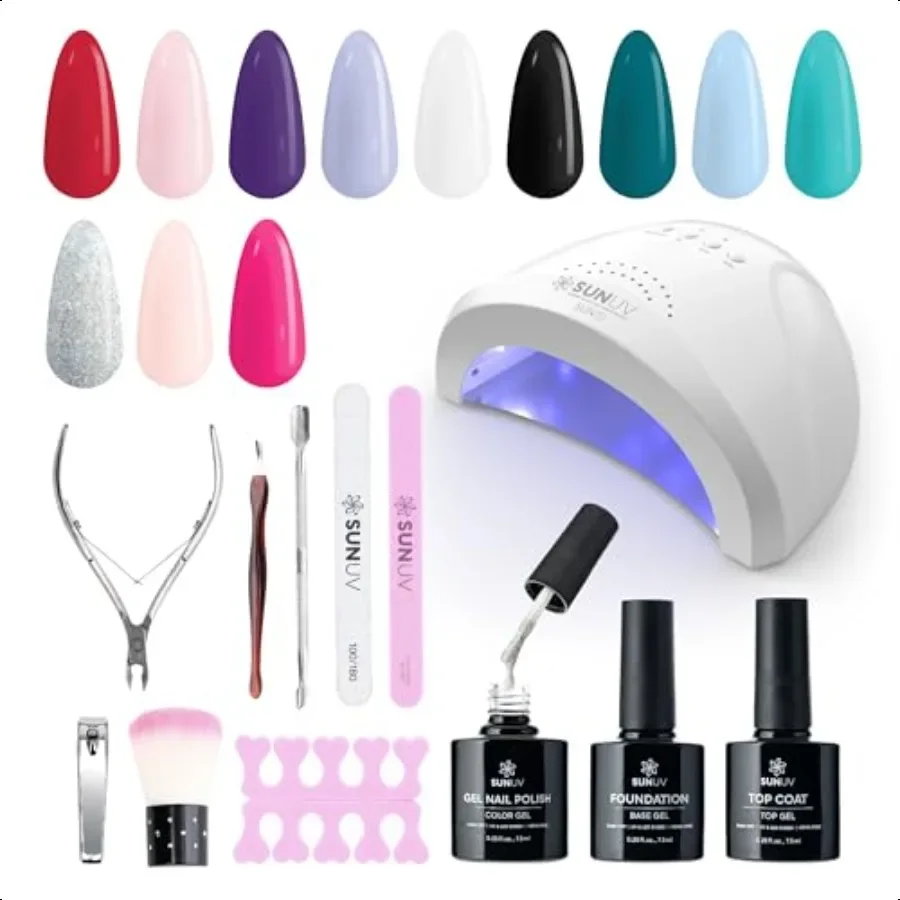 

Gel Nail Polish Kit with UV Light Gel Polish Nail Kit Base and Glossy Top Coat Set 12 Colors Manicure Tools Gift for Woman
