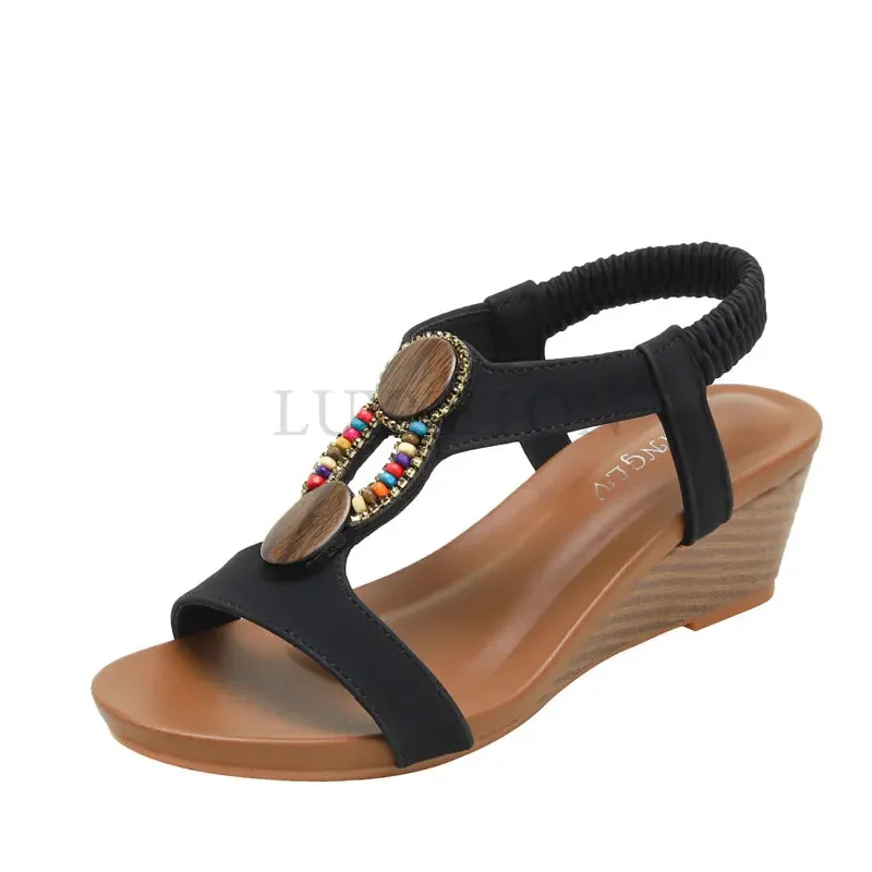 Women Sandals Summer Shoes Slip on Ladies Wedge Sandals Fashion Rhinestone Wooden Beads Open Toe Casual Female Footwear Mujer