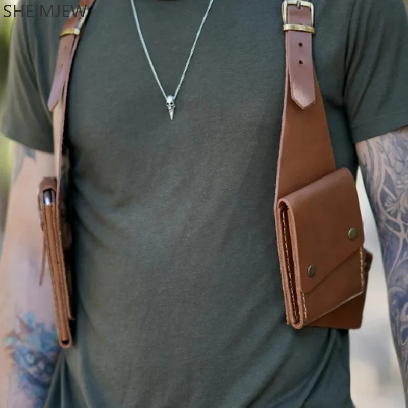 패션 더블 어깨 스트랩 멀티 포켓 남자 야외 도난 방지 가슴 가방 중세 가죽 다기능 Crossbody 가방 Walle