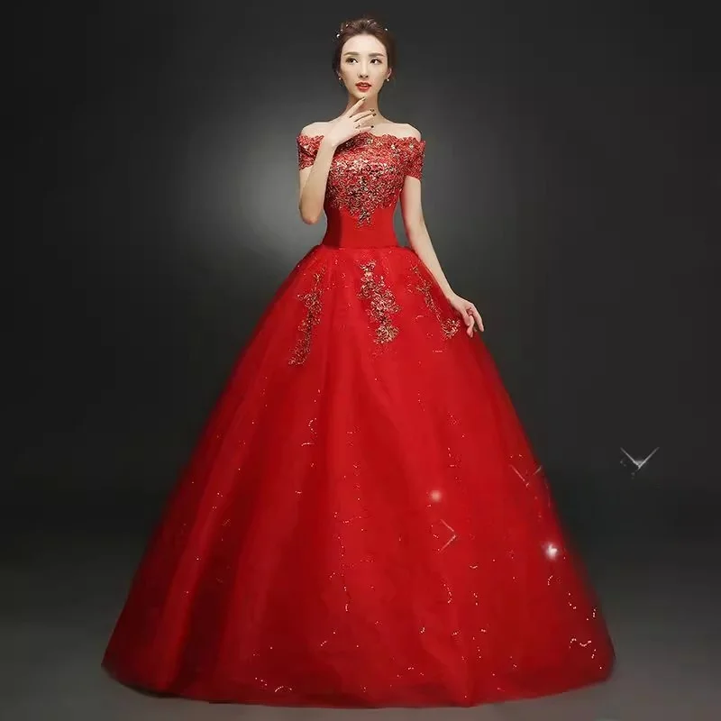 It's Yiiya Red Wedding Dress Crystal Off the Shoulder Lace up Sequin Bling Floor length Princess Plus size Bride Ball Gown XN080