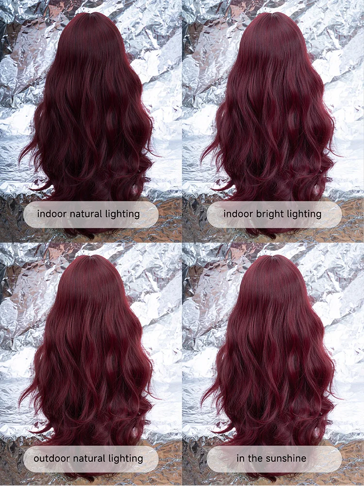 Perruques synthétiques de couleur rouge vin de Style dame Sexy de 26 pouces avec Bang perruque de cheveux longs ondulés pour les femmes usage quotidien Cosplay résistant à la chaleur