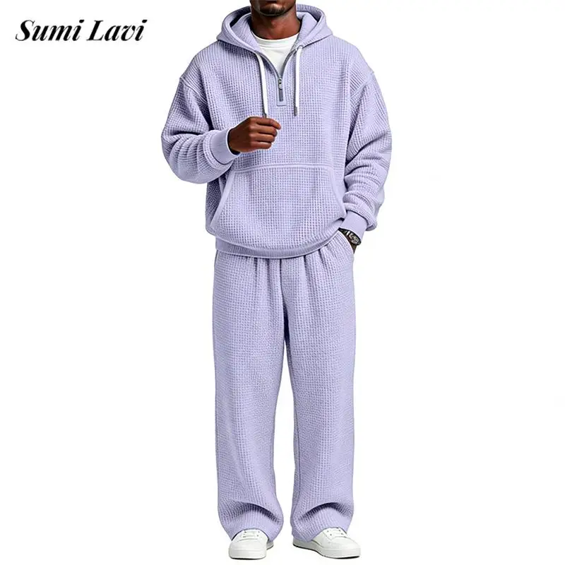

Autumn Winter Mens Casual Tracksuits Long Sleeve Waffle Plaid Hoodies And Pants Two Piece Sets Men Stylish Solid Color Outfits