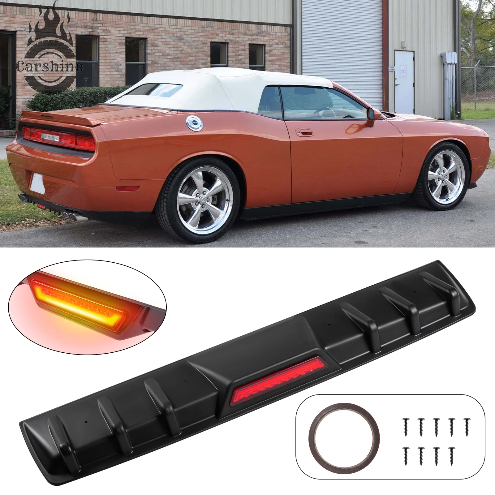 

Rear Bumper Diffuser Fins w/LED Light Spoiler Lip Matte Black For Dodge Challenger
