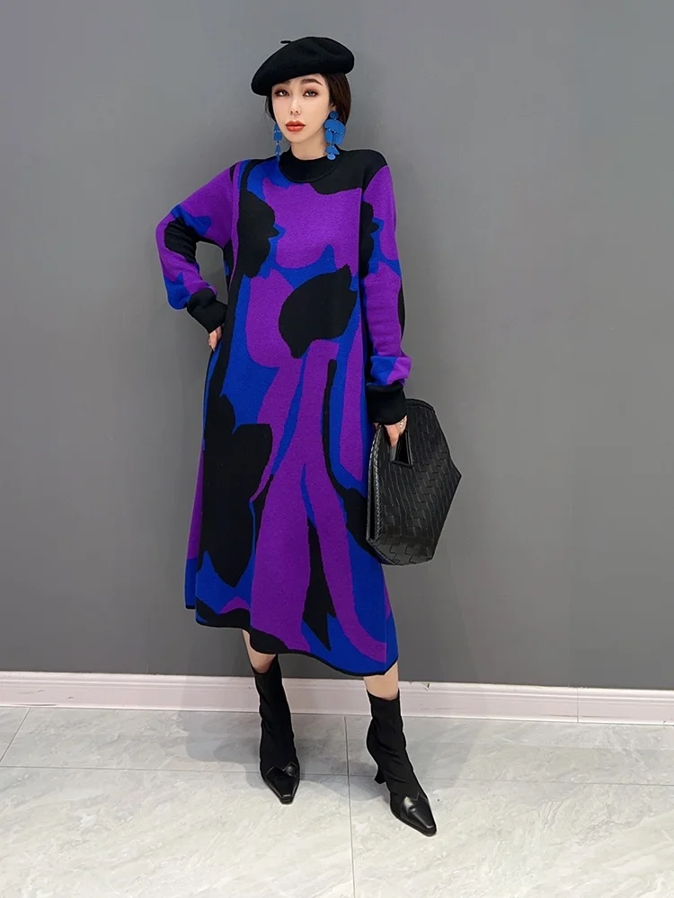 Purple 2024 Spring Autumn Round Neck Pullover Knitting Dress Loose Mid-length Blocking Sweater Dress Women Purple Dress LHX3540