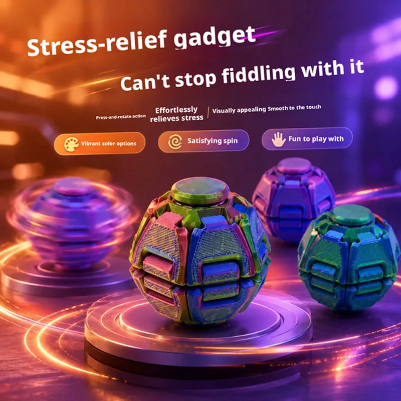 New 3D Press to Spin Soccer Fidget Ball, Palm Sized Finger Spinner Gyro with Colorful 3D Printed Texture