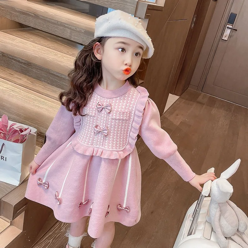 

2025 Trendy Girls Spring Autumn Knit Princess Dress Korean Style Viral Baby Woolen A Line Dress for Children Warm Cotton Blend