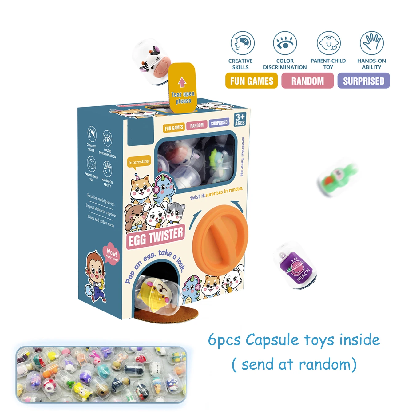 Gashapon Blind Box with 6pcs Random Capsule Egg Twisting Machine Cardboard Box with Cute Doll Capsule Toys for Kids Gift