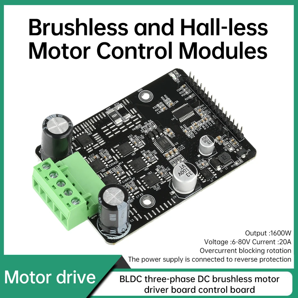 DC 6-80V Brushless Motor Speed Controller – 1600W 3-Phase PWM Board With CW/CCW Reversible Switch, Sensorless