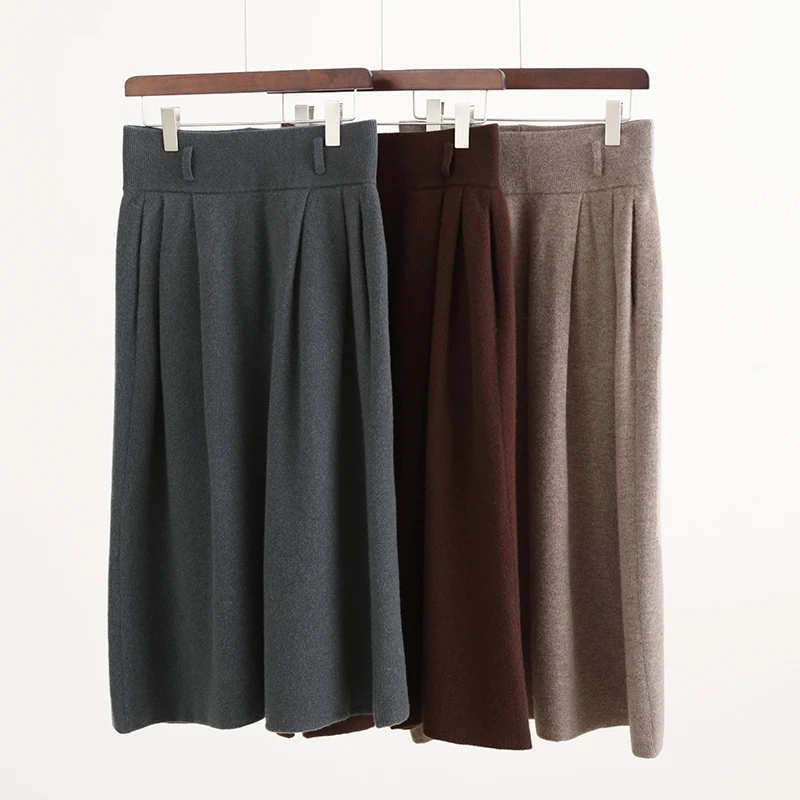 New Chic 100% Merino Wool Women's Mid-long Skirts Spring Autumn Winter Cashmere Knitwear Office Lady Grace Split Skirts