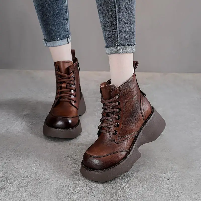 

Genuine Leather Boots Thick Bottom British Style Women's Fashion Boots Waterproof Platform round Toe mid Heel Short Boots