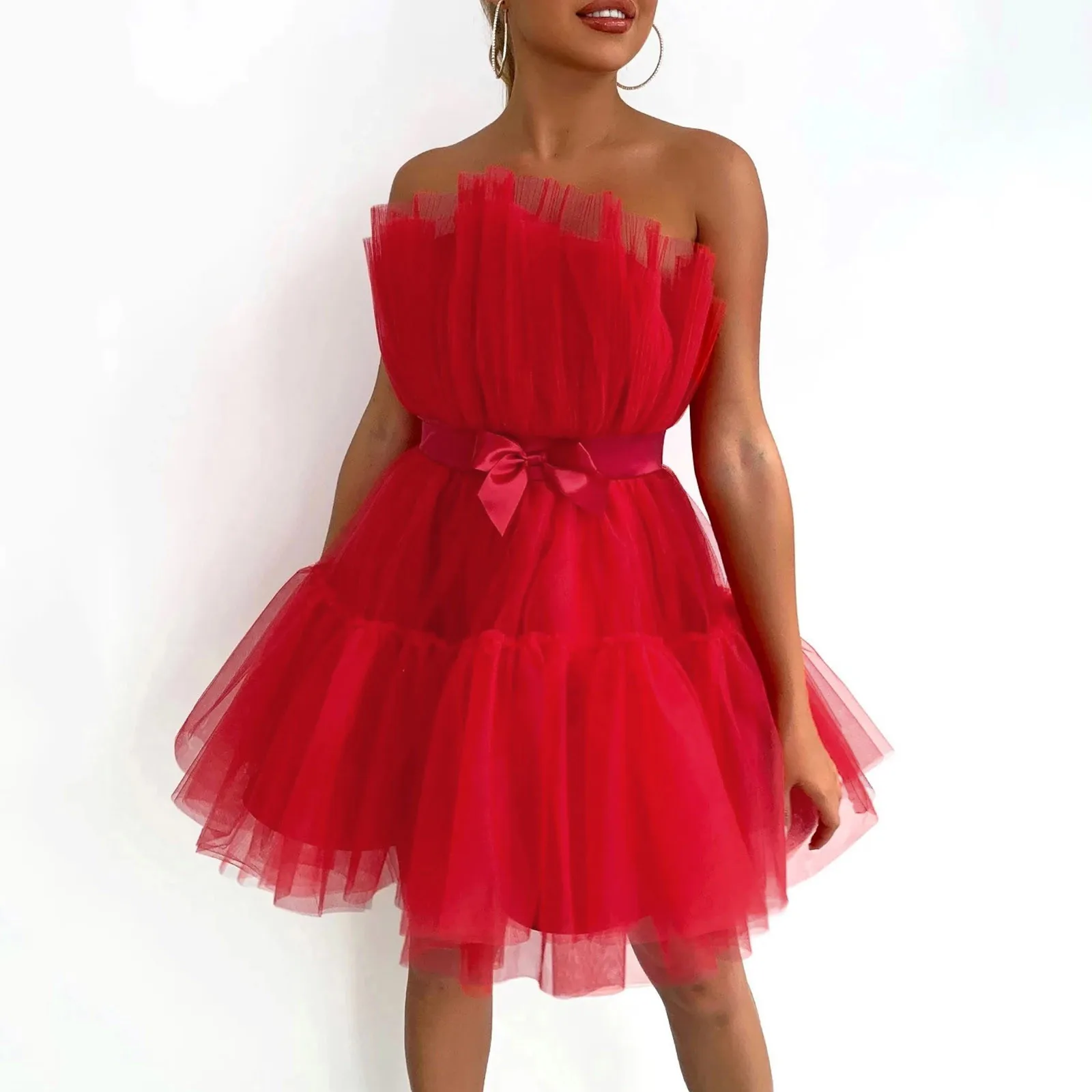 Summer Pink Womens Off Shoulder Sweet Heart Top Wedding Pleated Mesh Party Mini Women'S Dress Formal Women'S Dress 2024