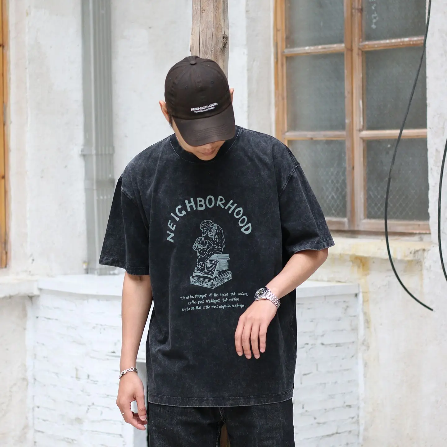 Heavy‑Weight 300GSM Washed Pure Cotton Small Crew Neck Printed Short‑Sleeve T‑Shirt Loose Versatile Casual Daily Men Tops