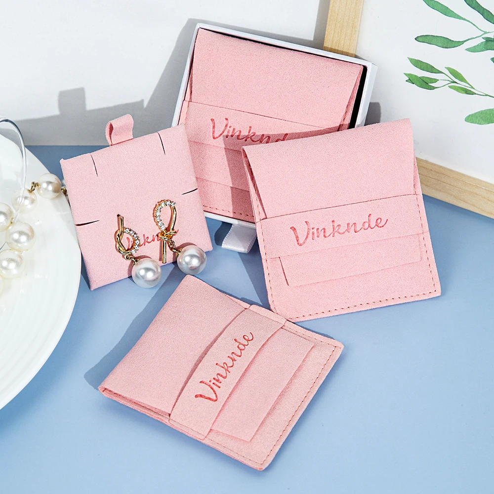 

Custom Logo Pink Microfiber Velvet Jewelry Pouches with 6x6cm Insert Card Pad Jewelry Packaging Bag Earring Necklace Bracelet