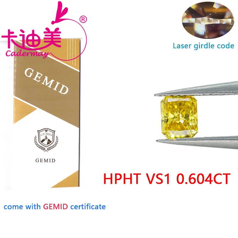 

CADERMAY Yellow Color VS1 Clarity HPHT Radiant Cut Lab Grown Diamond Loose Stone GEMID Certificate Gemstone For Jewelry Making