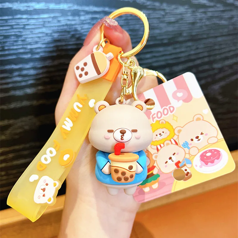 Cartoon Greedy Cram Popcorn Bear Doll Key Chain Cute Pearl Milk Tea Bear Hanging Keychain Burger Bear Toy Keyring Bag Girl Gift