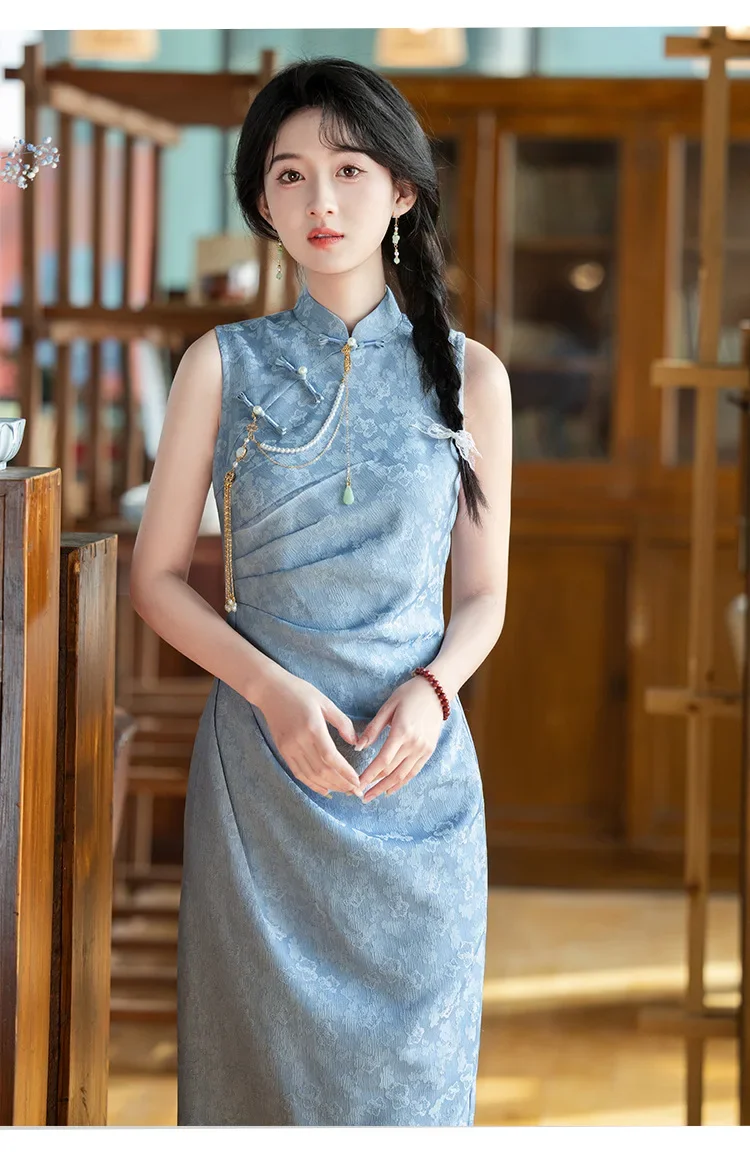 

Summer Elegant Qipao Long Chinese Style Vintage Improved Cheongsam Performance Catwalk Banquet Evening Dress for Women