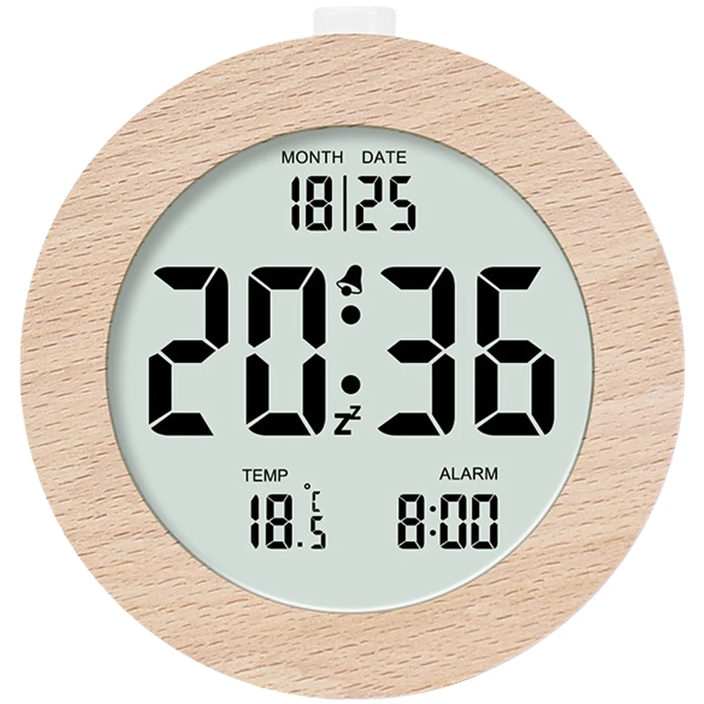 Minimalist Wooden Alarm Clock with Digital LCD Showing Time Date Temperature Low Light Backlight Quiet Function 9.7x4.7x10.3cm