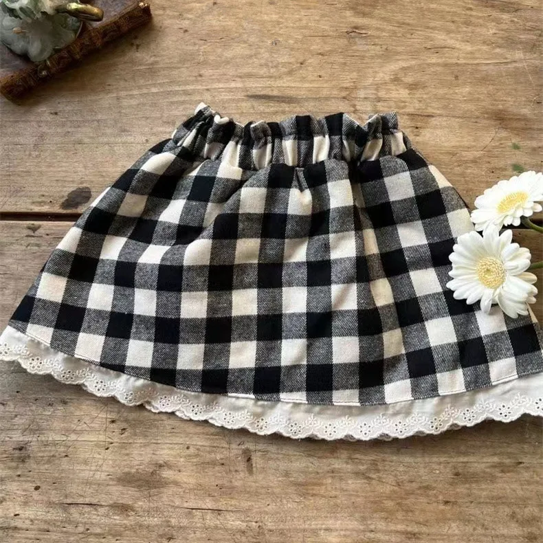 2024 Autumn New Baby Girl Cute Lace Skirts Toddler Casual Plaid Skirts Cotton Infant Girl Flower Embroidery Sweet Princess Skirt