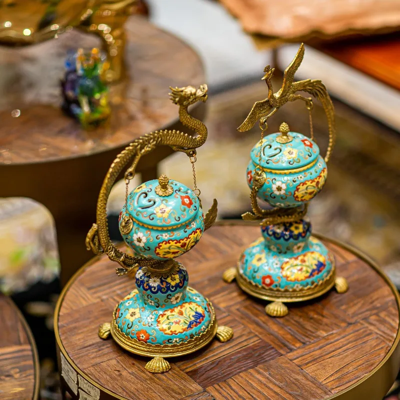 HX6 ceramic inlaid copper, dragon and phoenix incense burner, enamel color, Chinese accessories ceramics, entrance ornament