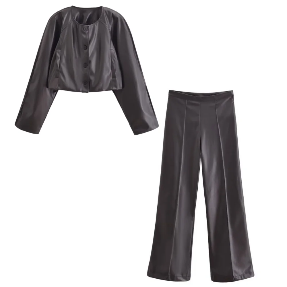 

PB&ZA2024 Autumn New Women's Round Neck Long Sleeve Buckle Decoration High Waist Short Coat Long Pants Two Piece Set