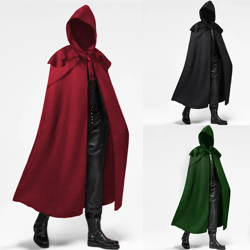 

2025 Spring and Autumn New Red Gothic Long Hooded Cloak for Men and Women, Blue/Green Medieval Vintage COS Clothing Unisex Cape