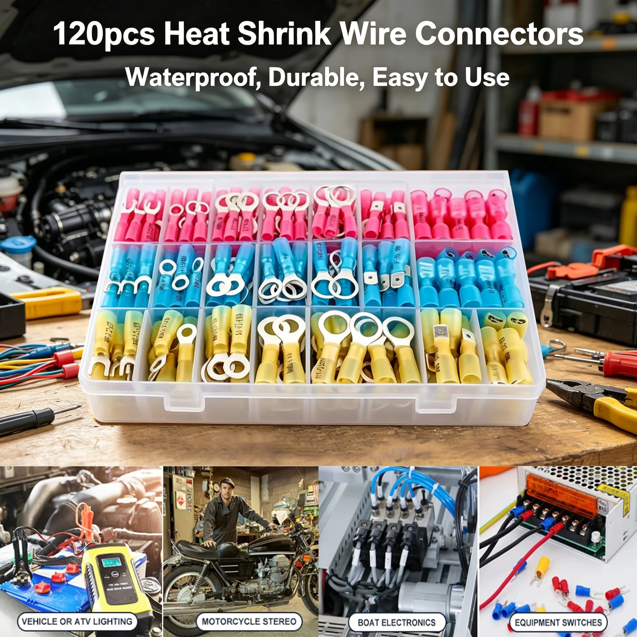 120Pcs Heat Shrink Wire Connectors, Waterproof Automotive Marine Electrical Terminals Crimp Connector Ring Fork Spade Splices