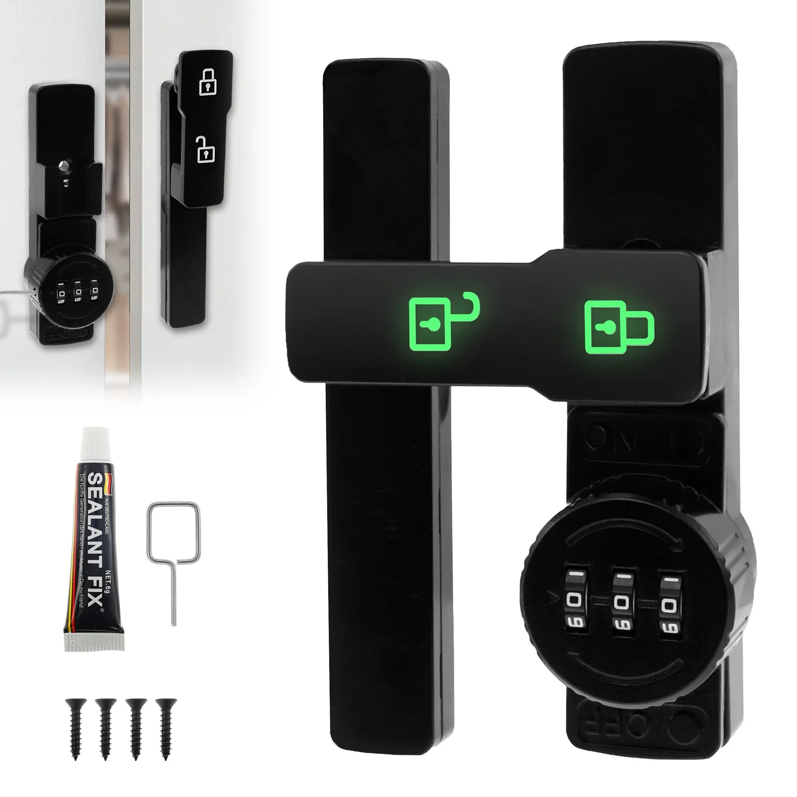 

Password Lock Door Latch with Luminous Function 3 Digit Sliding Double Door Latch Self-Adhesive or Screw-On Home Door Lock