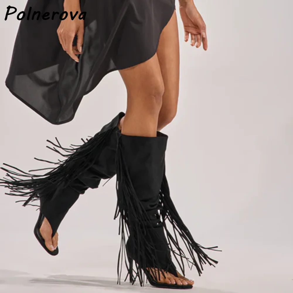 

Черные плиссированные сапоги-флип-флопы с круглым носком на тонком каблуке, модные полые сапоги до колена, женские сексуальные туфли-стилеты для подиума