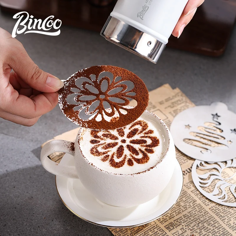 BINCOO Stainless Steel Latte Art Template, Shaker Sifter Dispenser Duster Container, Tool Fancy Pattern Maker DIY Espresso Mold