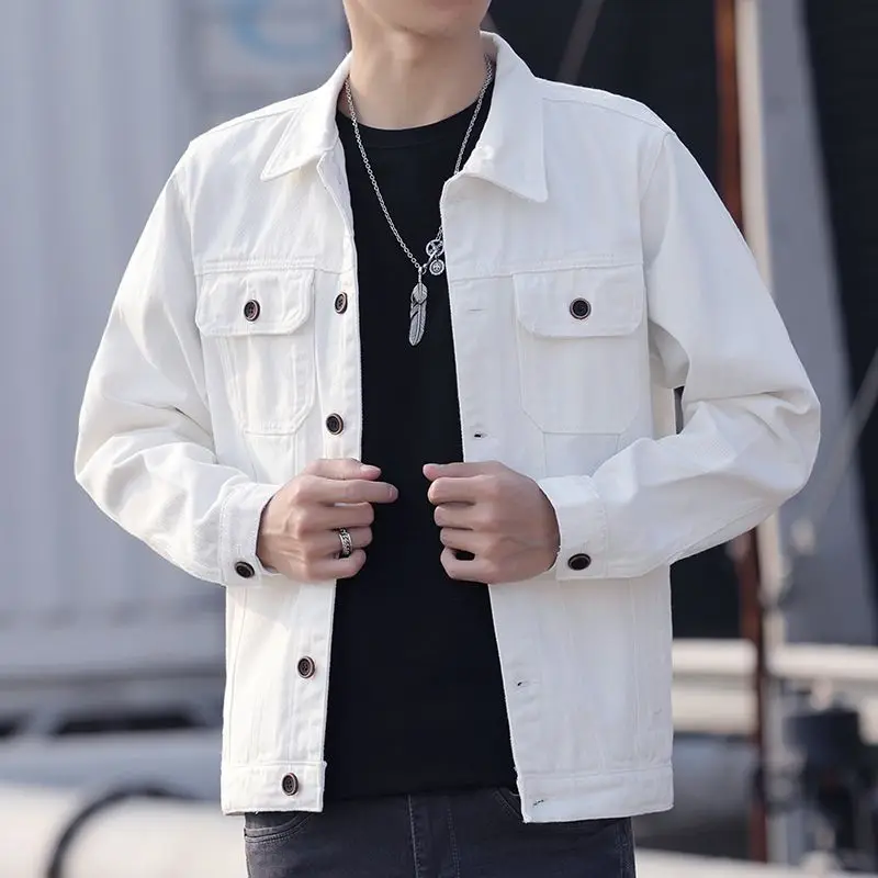 

White Male Jean Coats on Board Joker Elatic of Fabric Branded New in Rock Trendy Original Loose Worn Slim Fit Men's Denim Jacket