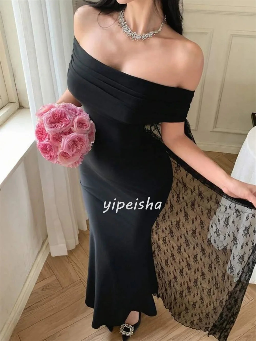 Customized Modern Style Classic Jersey Pleat Column Off-the-shoulder Ankle Length Dresses Bespoke Occasion Dresses Matching