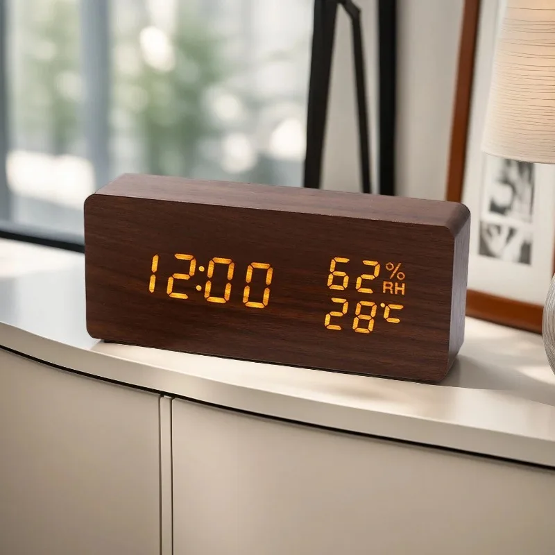 

Nordic Creative Wood Grain Alarm Clock Simple Triangular Table Clock Temperature Glow Get Up Multifunctional Electronic Watch