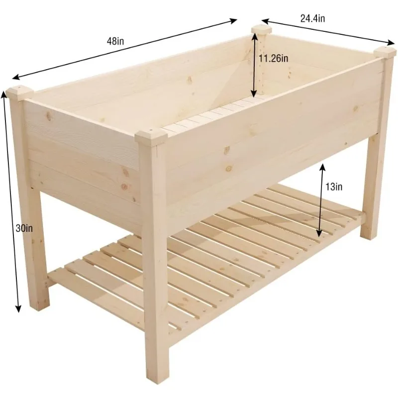 Raised Garden Bed with Storage Shelf 48.5x24.4x30 Inch, Elevated Wood Planter Box with Legs for Vegetable Flower Herb Outdoors